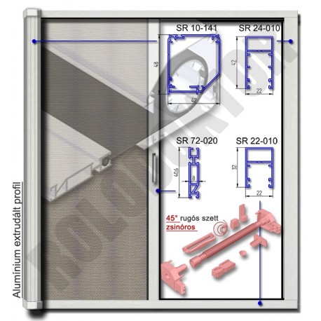 Alumínium rolós szúnyogháló ajtó SZÖGLETES tokkal, ZSINÓROS nyílásszabályozóval -  MÁGNESES záródással 