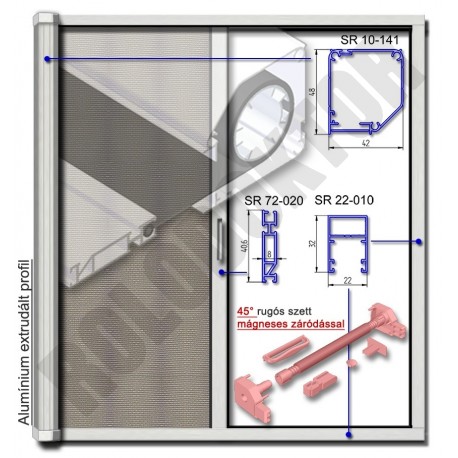 Alumínium rolós szúnyogháló ajtó SZÖGLETES tokkal, MÁGNESES záródással